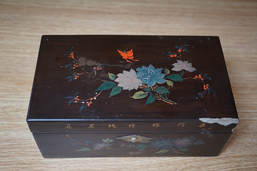 A Chinese pewter lidded box and another lacquered box with spices, largest 22cm wide. Condition - fair